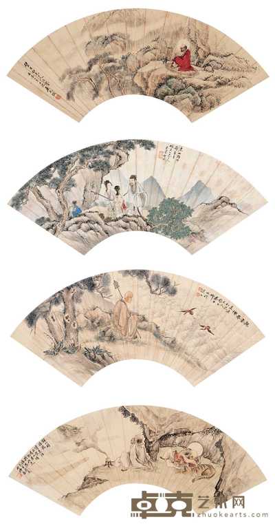 陆恢 包栋 秦古柳 胡也佛 1892年 1949年作 人物集（四件） 扇片 